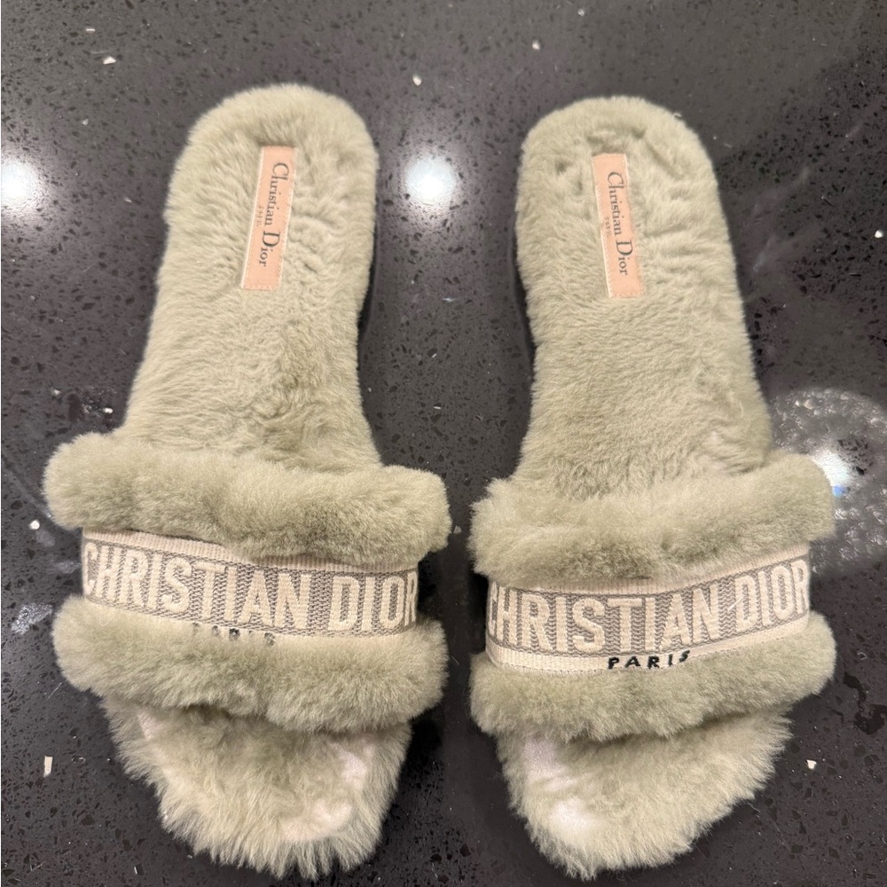 Christian Dior Fuzzy Slides in Sage Green